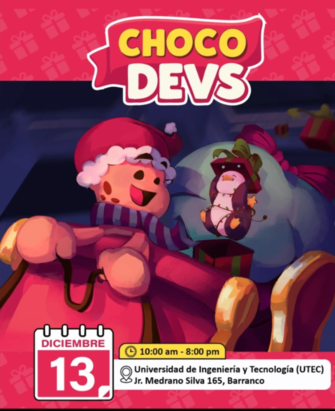 Cartel de Choco Devs con las mascotas de la comunidad en versión navideña