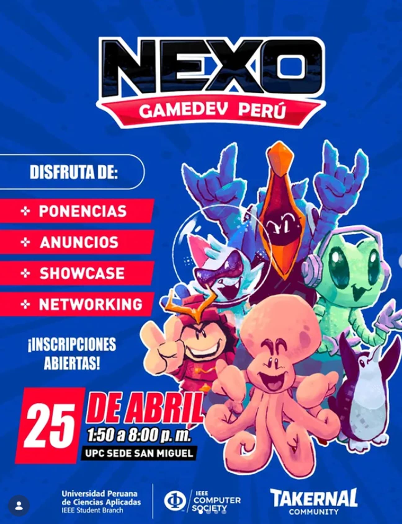 Cartel de Nexo GameDev Perú con el elenco de mascotas de la comunidad sobre fondo azul